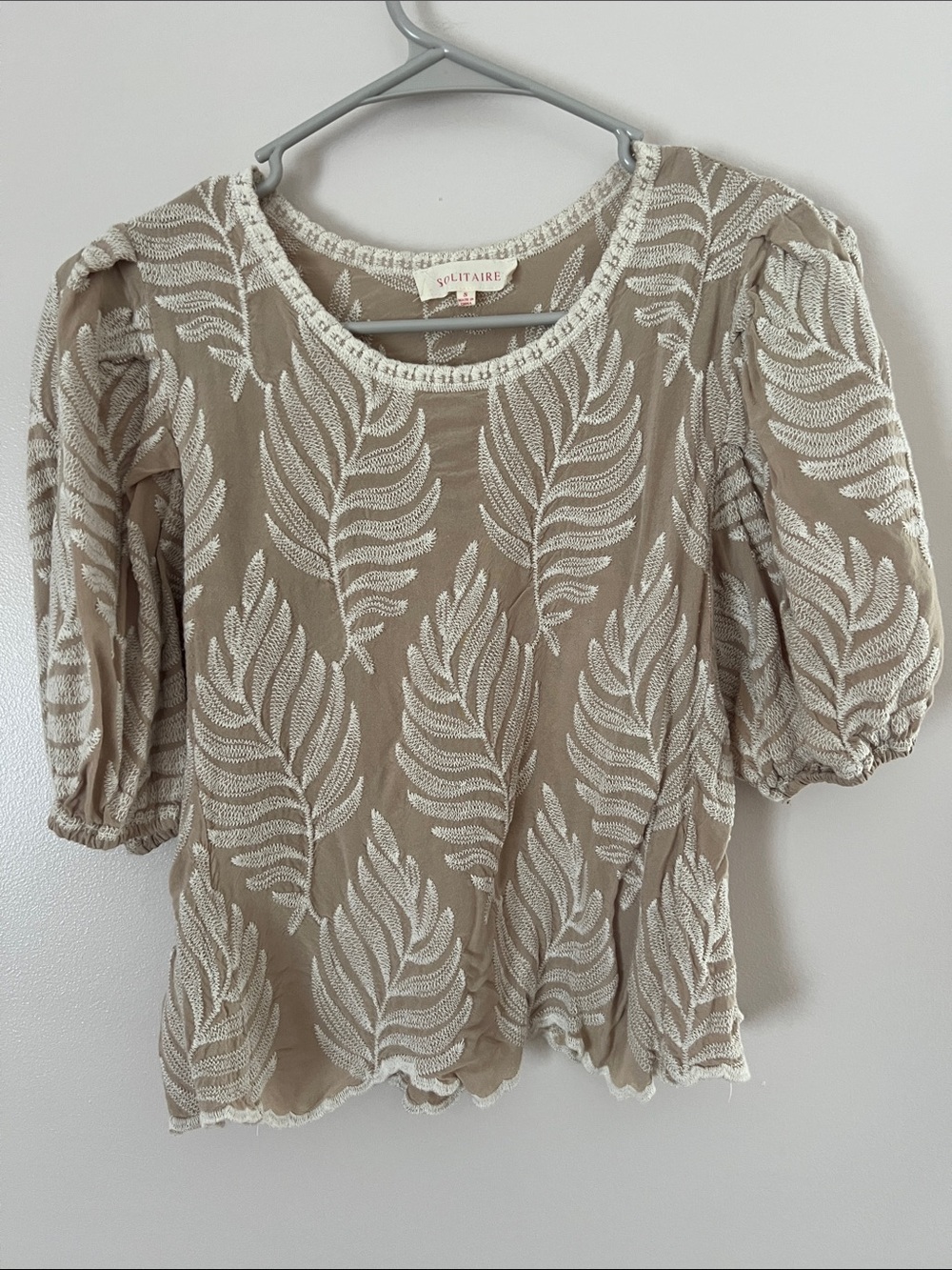 Taupe Ivory Embroidered Puff Sleeve Top Boho Cottagecore Blouse Solitaire